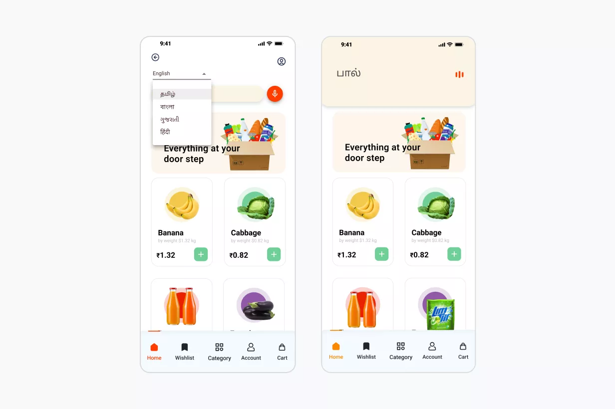 A shopping app selling different groceries and A shopping app which supports different languages